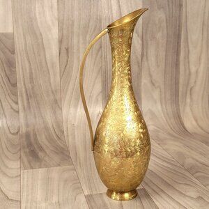 Vintage Solid Brass Pitcher Vase 11.5" Floral Etched Made in India